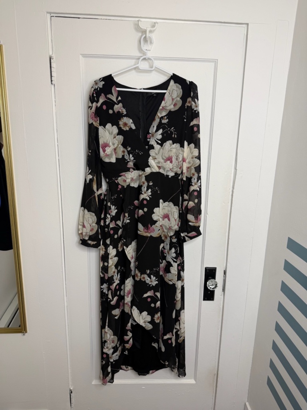 Lulu’s Blissful Thinking Black Floral Print High-Low Wrap Dress - Picture 9 of 9